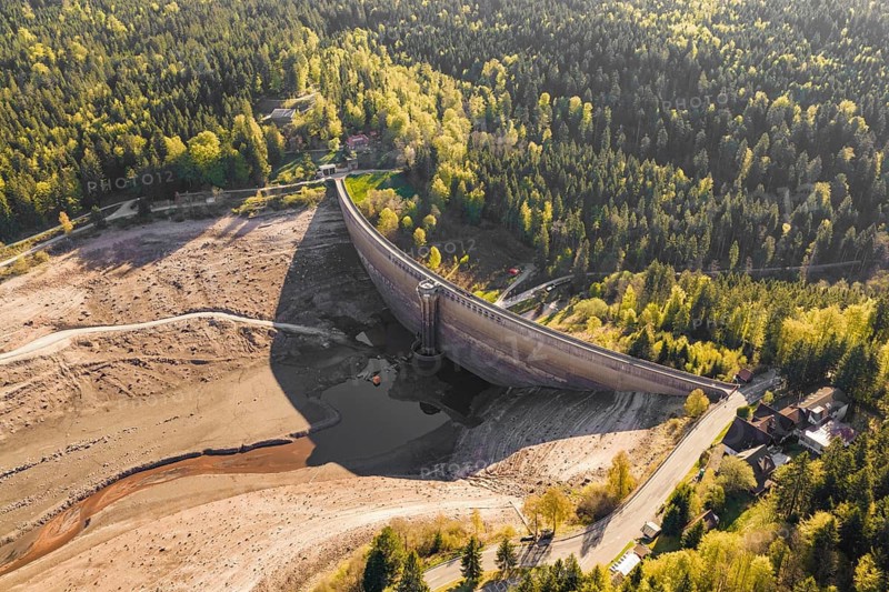 Aerial view of a dam surrounded by forest, no water in the reservoir, emptied Schwarzenbach Reservoir, Forbach, Black Forest, Germany