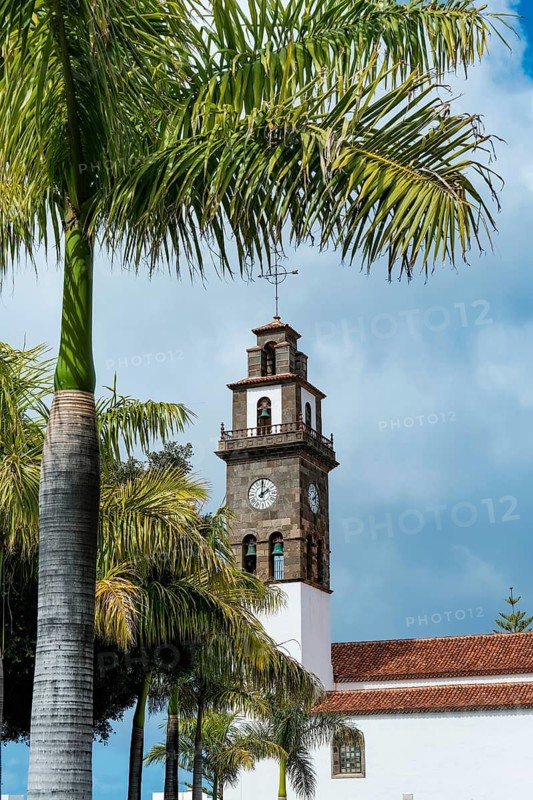Buenavista del Norte, Santa Cruz, Tenerife, Canary Islands, Spain - The church Iglesia de Nuestra Senora de los Remedios is located right on the central village square Plaza de los Remedios and forms the religious and cultural center of the tranquil, picturesque village in the north of the island