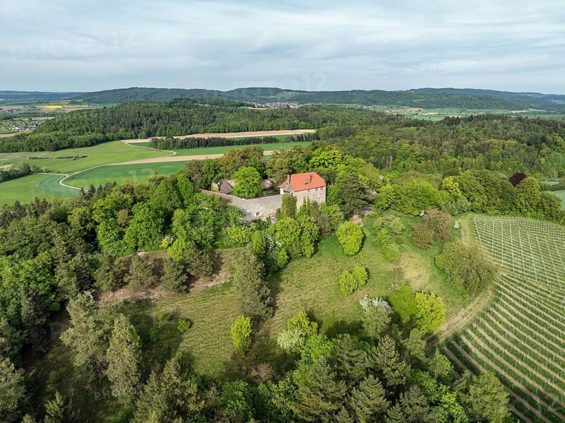 Aerial view of Friedingen Castle, Friedinger Schlössle, or Hohenfriedingen in Hegau, Konstanz district, Baden-Württemberg, Germany
