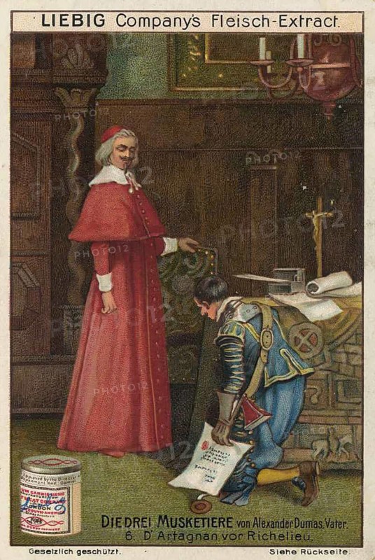 Picture series The Three Musketeers, The scene shows the young D'Artagnan kneeling in front of Cardinal Richelieu and presenting a document, favorite picture, digitally restored reproduction of a collector's painting from around 1900, exact date unknown