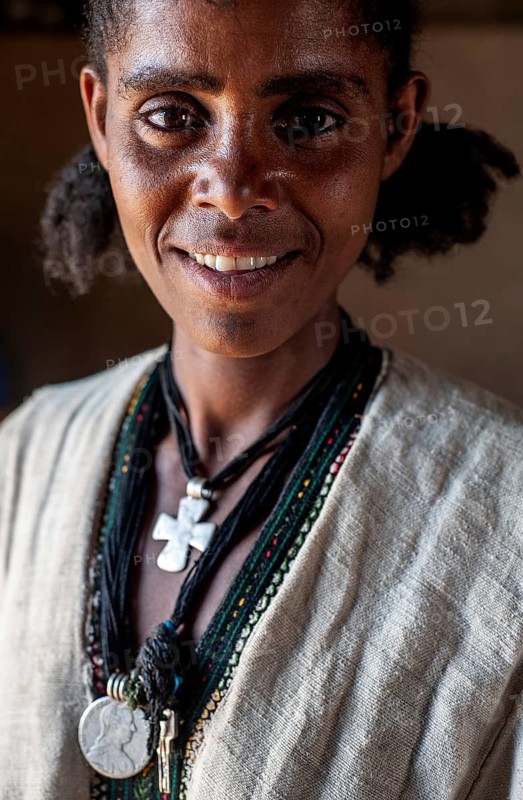 Portrait of a woman from the Amhara ethnic group, Ethiopia. Traditionally dressed orthodox christian woman