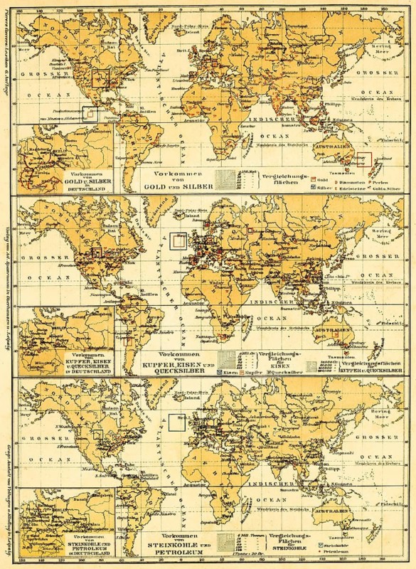 World maps of the continents with their mineral resources, detailed map of Germany, gold, silver, copper, iron, mercury, hard coal, petroleum, geological resources, comparisons, grid, rivers, cities, seas, states, historical illustration 1877