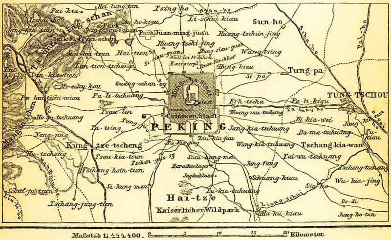Map of Beijing and surrounding area, Beijing, China, Asia, Imperial City and Summer Palace, Imperial Wildlife Park, Square Sacred City, Mountains, Rivers, Hatches, Road Network, Scale in Kilometers, Map, Topography, Geography, Historical Illustration 1885