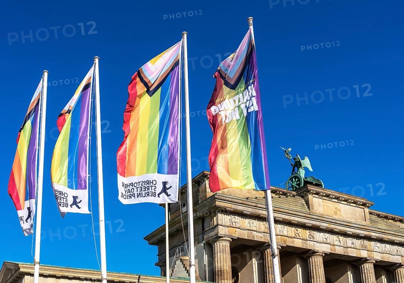 Christopher Street Day, CSD, police security measures and emergency vehicles from various emergency services around the event at the Brandenburg Gate, Berlin, Germany