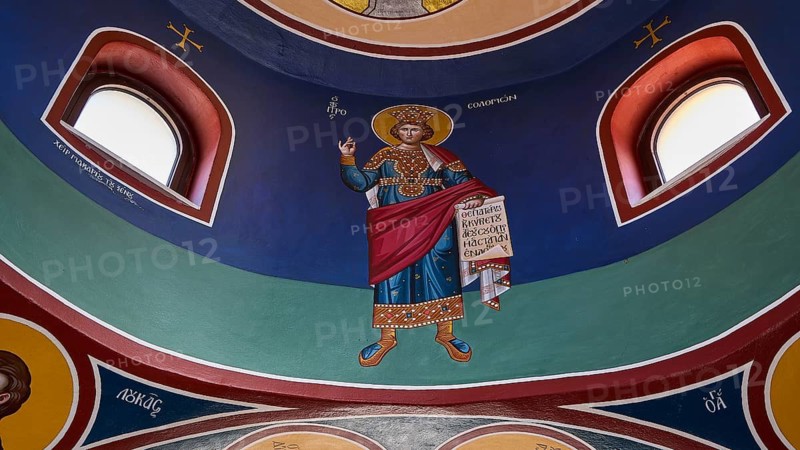Icons of saints in a colorfully painted dome with windows, monastery, Moni Odigitrias, southern Crete, located north of the Asterousia mountain range, built like a fortress, place of resistance against the Ottomans, central south, Crete, Greek islands, Greece