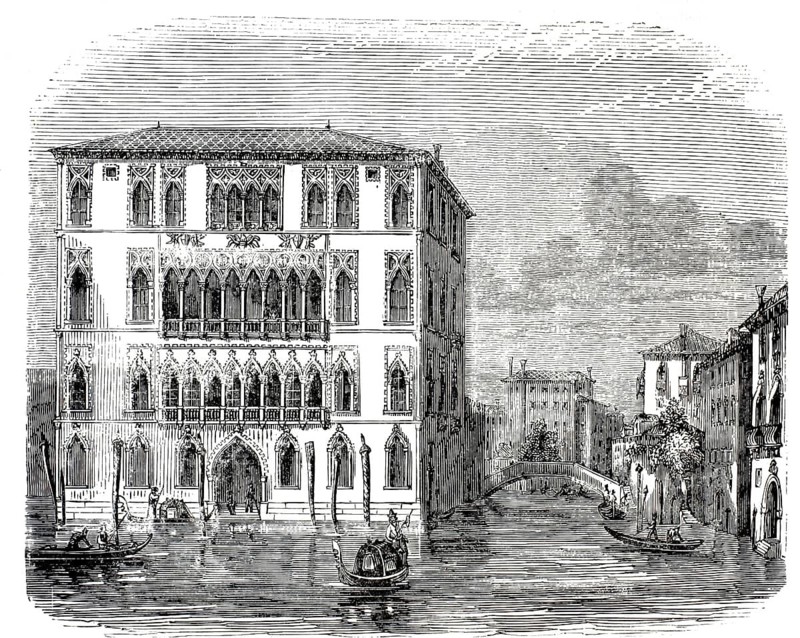 Historical view of Ca' Foscari in Venice, an imposing Gothic palace from the 15th century, illustration from around 1880, Italy, illustration, reproduction from a model from the 19th century. Authentic, file restored for optimal use, exact date of submission unknown, historical