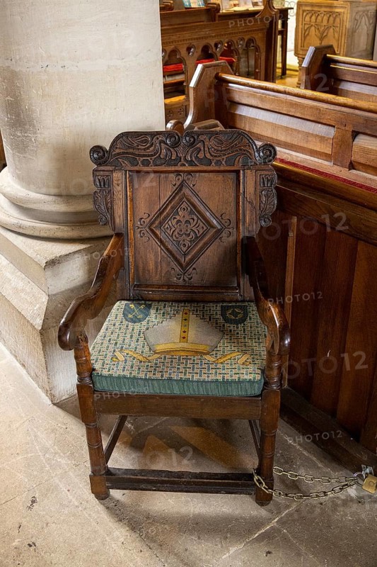 Interior view, chair, seat cushion, St Mary's Church, Bibury, The Cotswolds, England, Great Britain
