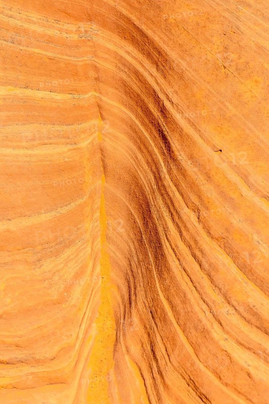 Sandstone rock formation presenting a textured surface with flowing wavy lines and rich orange, brown, and yellow hues, highlighting the natural geology of the desert cave in page, arizona