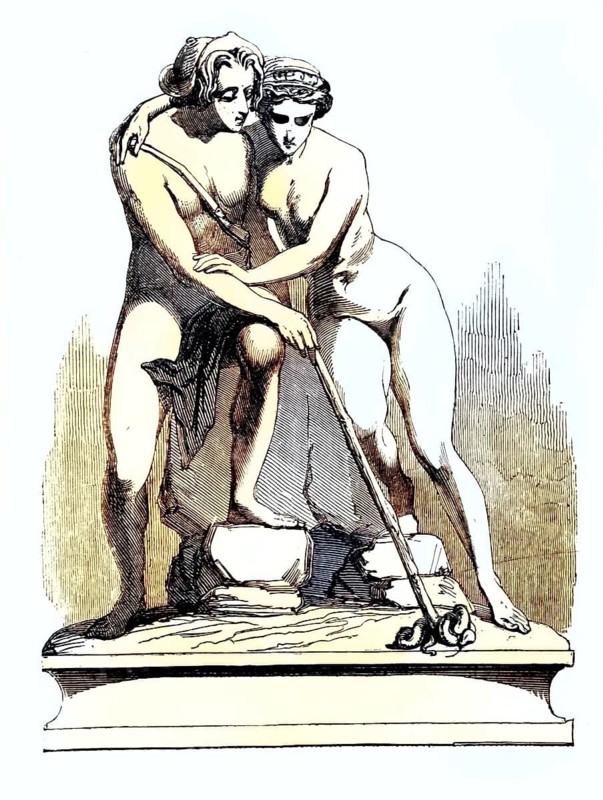 Daphnis and Chloe, the romantic shepherd story. Two abandoned foundlings are raised by shepherd families on the Greek island of Lesbos. While herding sheep and goats together, they fall in love, marble group around 1860, illustration, reproduction from a model from the 19th century. Authentic, file restored for optimal use, exact date of original unknown, historical, colored
