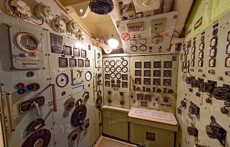 Museum submarine H.M.S.Otus. Machine control center. Sassnitz, Mecklenburg-Western Pomerania, Germany