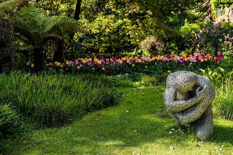 Botanical garden with sculptures in spring, artist Seo Young Deok, Light Garden, Andre Heller, Gardone Riviera, Lake Garda, Brescia Province, Lombardy Region, Italy
