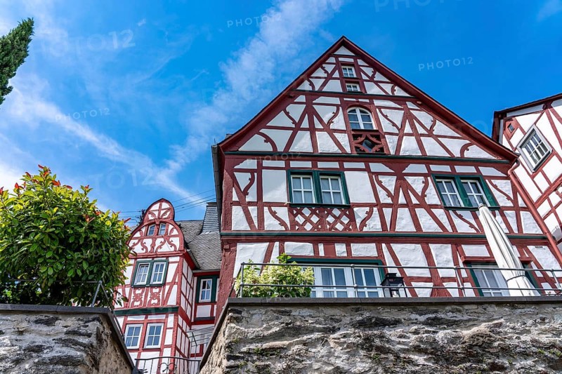 The Rhine near Spay, historic half-timbered houses right on the river, Rhineland-Palatinate, Germany