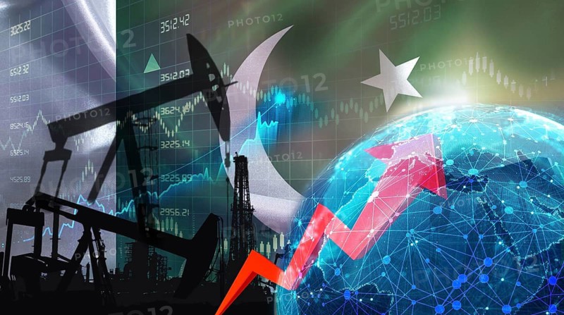 Global oil production with Pakistani flag. International oil exports with Pakistan flag on the economic chart
