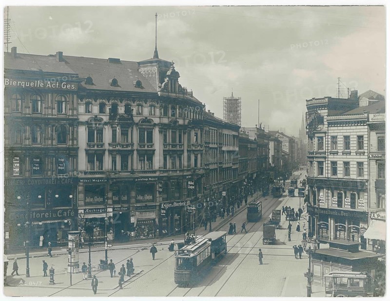 Moritzplatz, Kreuzberg, Berlin, busy street scene with trams and people in a historic city, around 1920, Atelier A.I