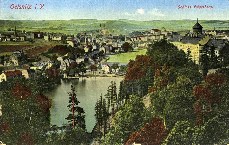 View of Voigtsberg Castle and the town of Oelsnitz in the Vogtland, Saxony, Germany, authentic reproduction of an old postcard, around 1910, historical, exact date unknown
