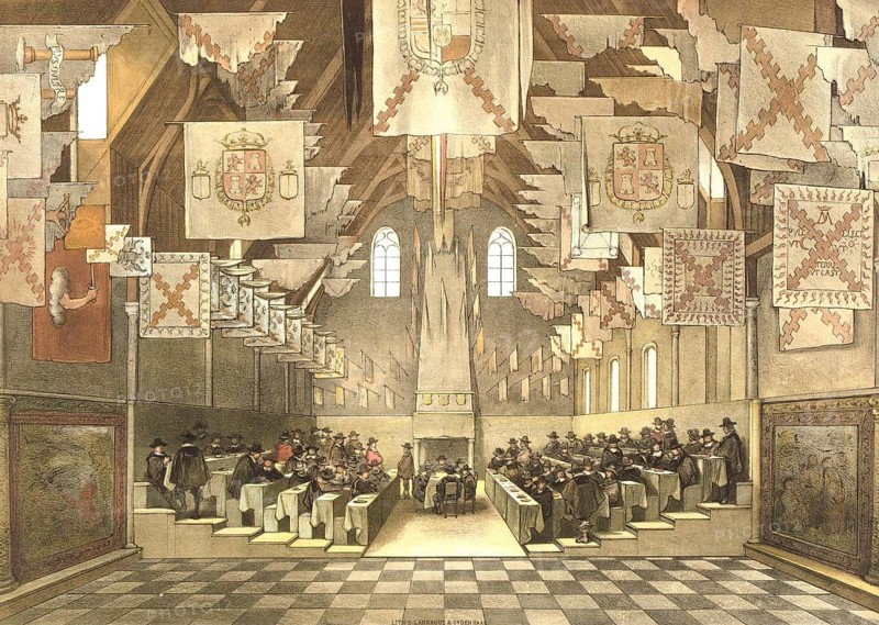 Color lithograph of the Grand Assembly from 1651, Grote Vergadering, in the Knights' Hall of the Binnenhof in The Hague. Convening of the States General of the Netherlands in 1651. Following the sudden death of Governor William II, it was decided to start the first governoress period here. The representatives of the seven provinces sit on stands in the large hall. Captured enemy flags from the Eighty Years' War hang from the ceiling, school painting, illustration, reproduction of a model from the 19th century. School picture, mural, authentic, file restored for optimal use, exact date of original unknown, historical