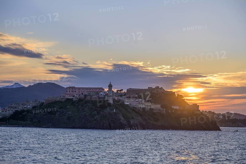Harbour entrance in the evening at sunset, Portoferraio, Livorno Province, Italy