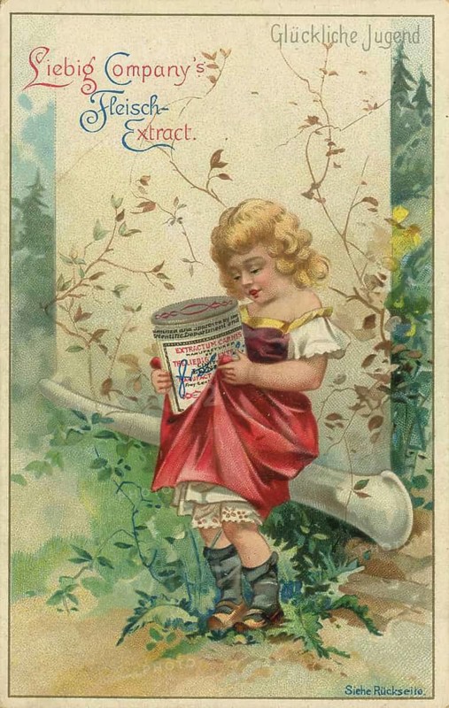 Picture series Happy Youth, illustration of a child with a can of meat extract, picture of love, digitally restored reproduction of a collector's painting from around 1900, exact date unknown