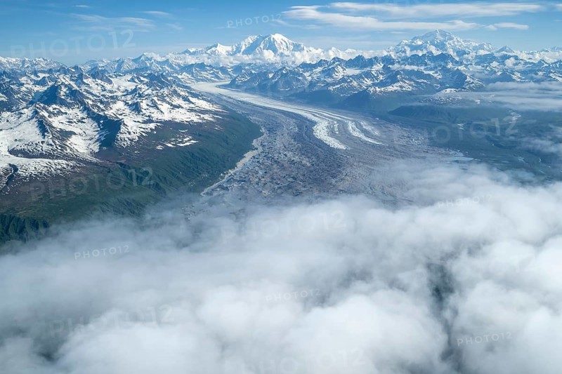 Kahlitna Glacier, Mt Foraker and Mt Denali or Mount McKinley, aerial view, Alaska Range, Denali National Park, Alaska, USA