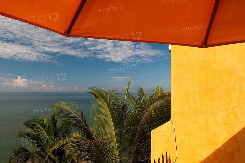 Parasol, palm trees, sea, Hotel Fort Terekol, Goa, Terekol, Goa, South India, India
