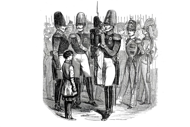 The Easter kiss, portrayed is the custom of the triple brotherly kiss for Easter, which was practiced across all social barriers in what was then Russia. A high-ranking officer, often interpreted as the Russian emperor or a grand prince, lifts up a young cadet to give him the traditional Easter kiss. On the left in the foreground, there is another young cadet student wearing a typical uniform jacket and waiting in a disciplined manner, reproduction of a model from the 19th century. Authentic, file restored for optimal use, exact date of submission unknown