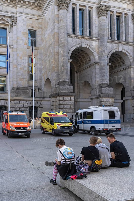 Christopher Street Day, CSD, police security measures and emergency vehicles from various emergency services around the event at the Brandenburg Gate, Berlin, Germany