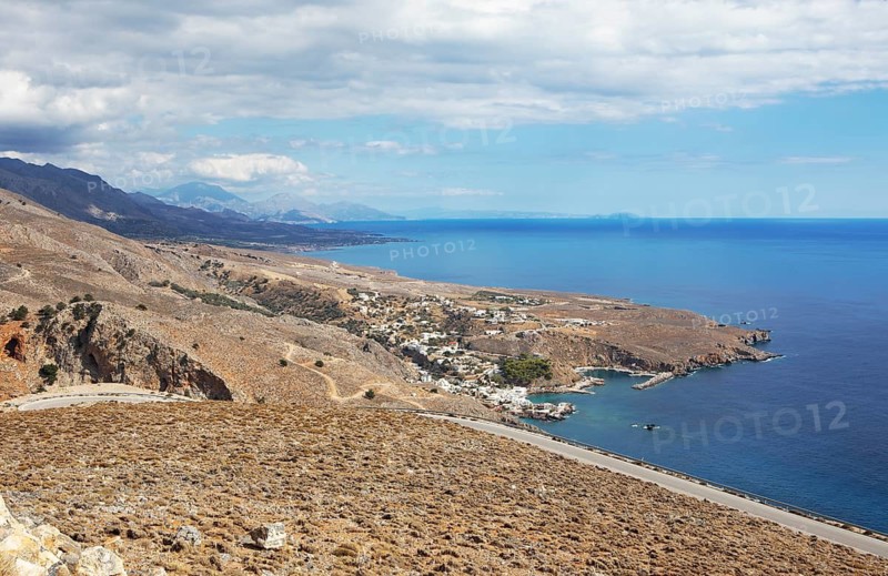 View of Chora Sfakion on the Libyan Sea, on the left the Lefka Ori or White Mountains, Chania Regional District, Sfakia Municipality, Crete, Greece