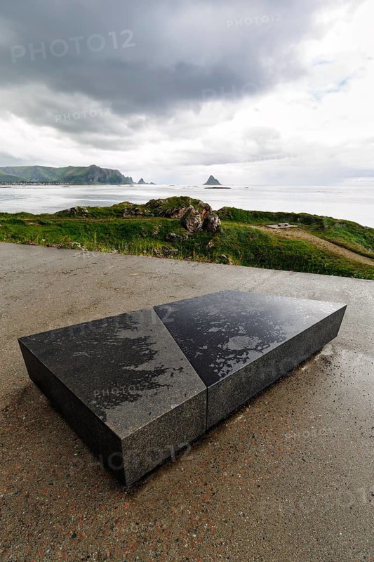 Natural stone bench, minimalistic design, rest area, Kleivodden viewing platform, coastline, Norwegian Landscape Route Andøya, Norwegian Sea, Andoya, Vesteralen, Nordland, Northern Norway, Norway