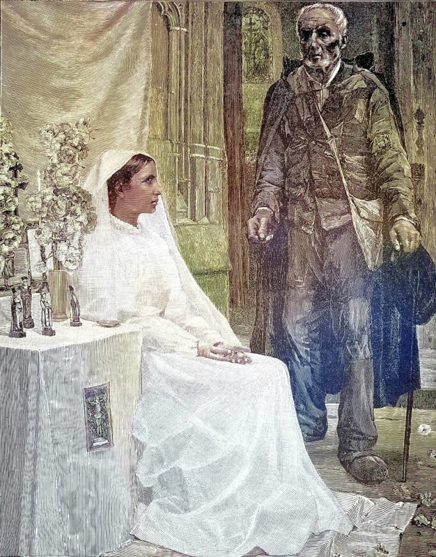 The Gift to God, L'offrande à Dieu, based on the painting of the same name by French painter Jean-Eugene Buland from 1889. A young woman in a white wedding dress and veil sitting reverently at a makeshift altar. In front of her is an elderly man marked by life in simple work clothes, holding his hat in awe. The table features religious statues and sumptuous floral decorations, reproduced from a 19th-century model. Authentic, file restored for optimal use, exact date of original unknown, nostalgically colored
