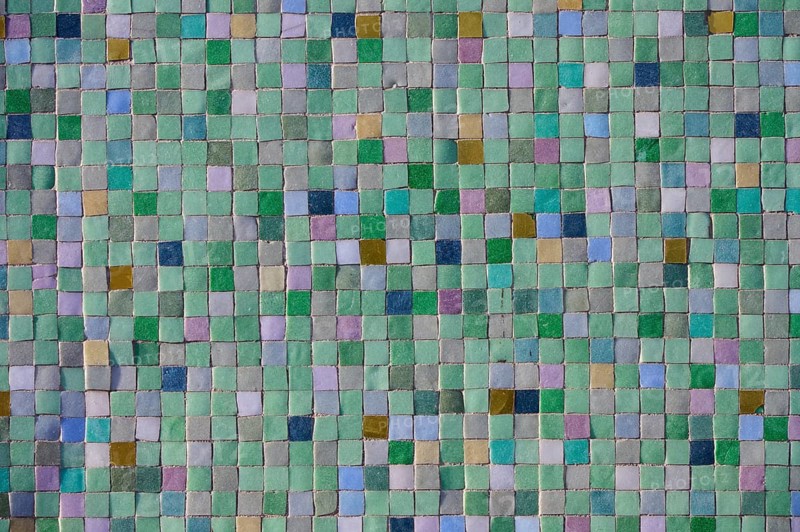 Colorful mosaic wall with square green and colorful tiles, Bavaria, Germany