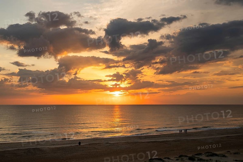 View of the beach from a dune, sunset and evening sky behind it, walkers, Houvig beach, North Sea, Denmark