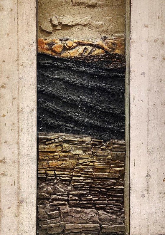 The original layers of soil behind a glass panel in the underground museum, art museum, Bochum, Ruhr region, North Rhine-Westphalia, Germany