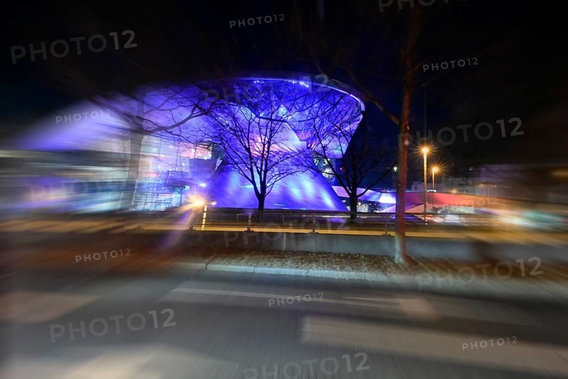 Light art, zoom effect, BMW World at night, Munich, Bavaria, Germany