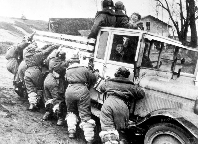 Women also served in the Red Army. These female pilots help get the truck running again, Northern Front, Murmansk, Soviet Union, 1943