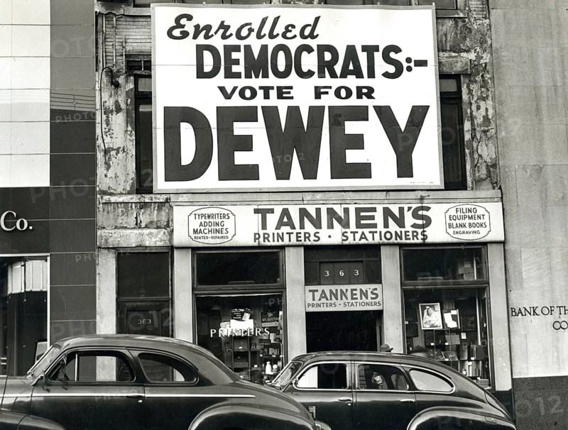 New York, USA, Financial District, election poster, Thomas E. Dewey, presidential candidate, 1948, vintage car, stationary shop, a storefront with a campaign sign next to parked old cars
