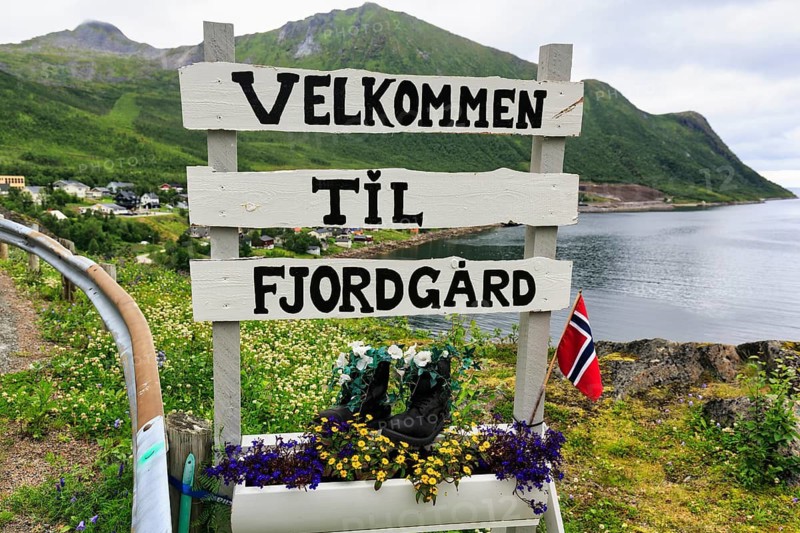 Town entrance sign of the small fishing village of Fjordgard, inscription welcome, coastline on the fjord, summer, Fjordgard, Troms, Norway