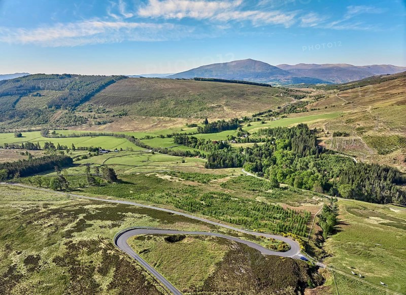 Aerial photo of the highlands near Dalochalloch in Scotland, UK