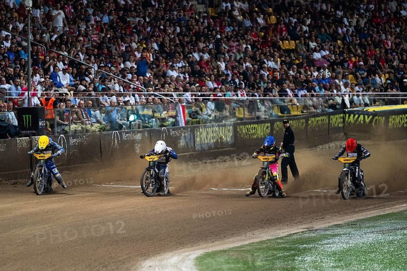 WROCLAW, POLAND - JUNE 20, 2026: DEWALT FIM Speedway GP of Poland. Speedway riders competing on dirt track. Heat 5. Bartosz Zmarzlik (Y) Robert Lambert (W) Michael Jepsen Jensen (B) Maciej Janowski (R)