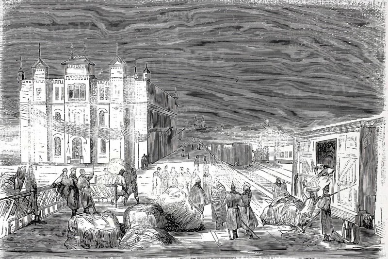 Arrival of sacks of grain at Chisinau railway station, today Chisinau, Republic of Moldova, during the Russian-Turkish crisis or the Russian-Ottoman War in 1877. The old, distinctive Kishinev railway station with its characteristic towers, as it looked in the 1870s, illustration, reproduction of a model from the 19th century. Authentic, file restored for optimal use, exact date of submission unknown, historical