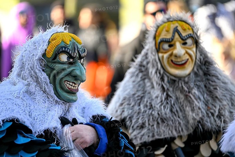 Members of a fools' guild in traditional Haes, fools' clothes, during the carnival procession in Achern, Ortenaukreis, Baden-Württemberg, Germany