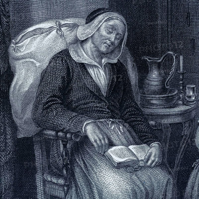 Detail from the artwork Lieb Grossmütterchen by Christian Andreas Schleisner, Lieb Grossmütterchen, painting, genre painting, grandmother, family, pitcher, side table, monocle, 19th century, oil painting, art history, German painting, family life, intimacy, fatigue, tired, falling asleep, dreaming, happy, satisfaction, armchair, human representation, historical illustration 1854
