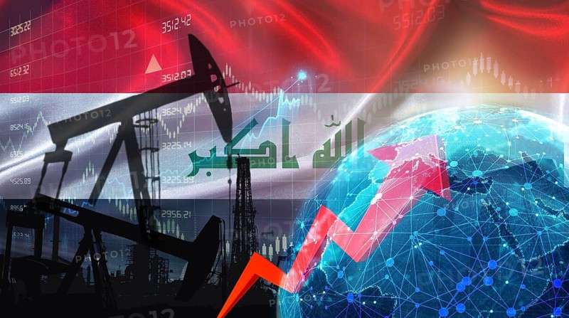 Global oil growth with Iraqi flag. International petroleum exports with Iraq flag on the economic chart