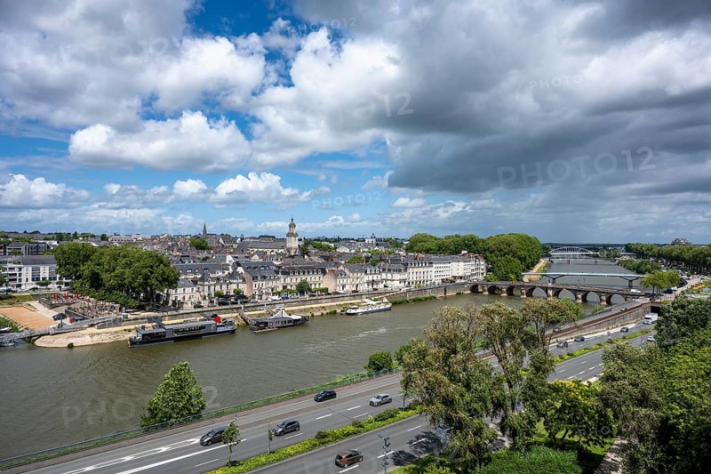 View from the fortress wall of the Château d'Angers fortress across the Maine river to the historic old town of Angers with the Pont de Verdun bridge, Maine-et-Loire department, Pays de la Loire region, France