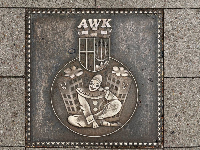 The bronze plates with the coats of arms of all Fulda carnival clubs are called Walk of Foaset, Bahnhofstraße pedestrian zone, bronze plate of Aschenberg skyscrapers, abbreviated AWK Fulda, Germany