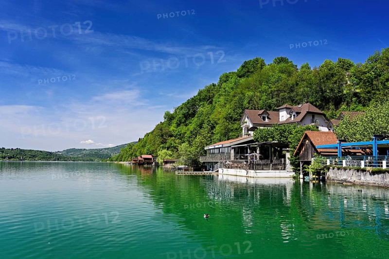 Hotel and restaurant Villa du Lac on Lac d'Aiguebelette, large natural lake, at the foot of the Épine Mountains, Aiguebelette-le-Lac, Savoie Department, France