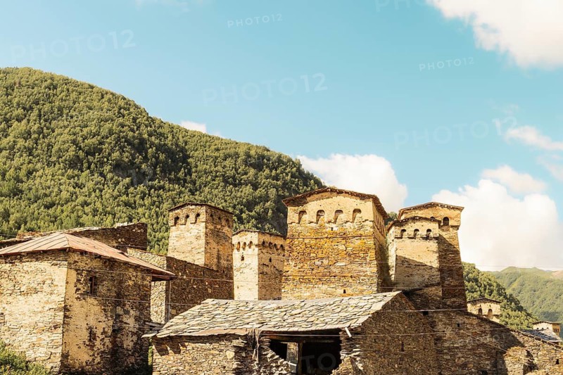 Ushguli village settlement and various Svan towers in high caucasus mountains.UNESCO World Heritage Site. Svaneti Georgia. Chazhashi - most preserved village with svan towers