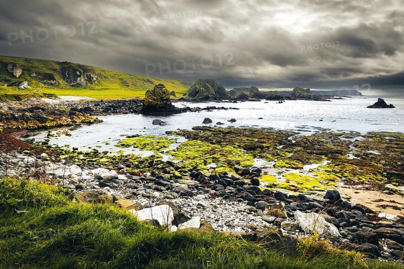 Wild dramatic northern Ireland coast in Ballintoy. Game of thrones filming locations concept. Northern Ireland