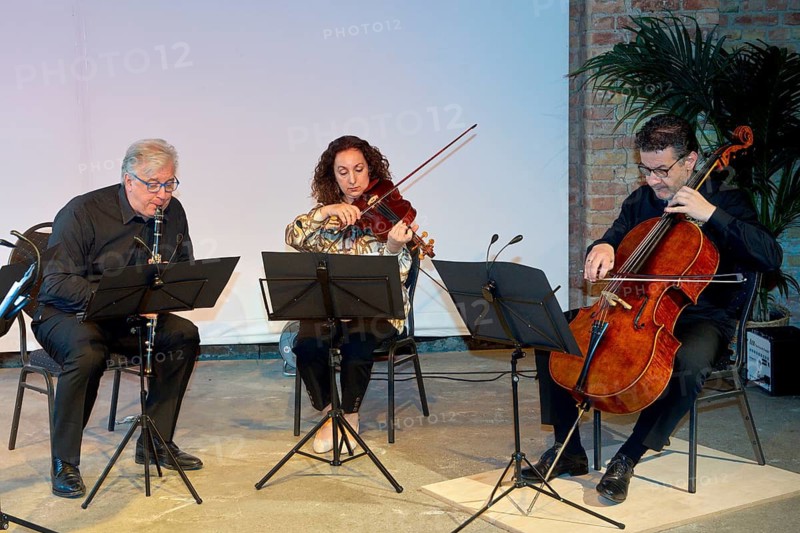 Claudio Mansutti (clarinet), Maria Ronchini (viola), Pierluigi Ruggiero (cello, artistic director), La musica italiana - 200 years of passion and longing with the Ensemble SineQuaNon Berlin, Photo Call for the concerts on 09 + 10 May 2026 at Kühlhaus Berlin and concert hall Am Gendarmenmarkt, Berlin, 09 May 2026