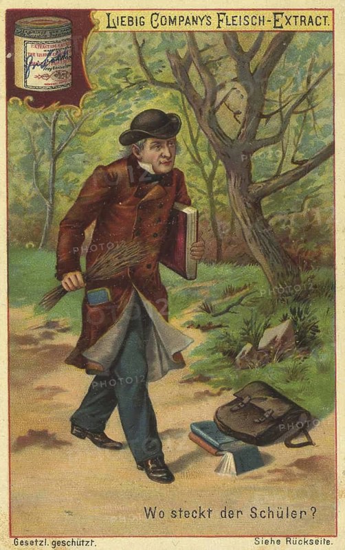 Picture series Search game puzzles, Where is the student? Scene shows an elderly man in the forest who has left a backpack and books on the ground and is apparently looking for a runaway student, favorite picture, digitally restored reproduction of a collector's painting from around 1900, exact date unknown