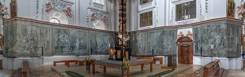 Collage, fasting hangings painted on canvas on both sides, Kremser Schmidt painted in 1777, left and right chancel in the parish church of the Assumption of Mary, Garsten, Upper Austria